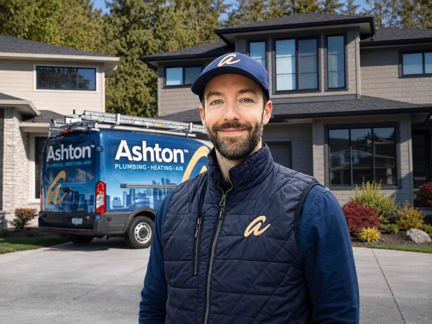 Smiling Ashton technician in a navy cap and vest in front of an Ashton service van